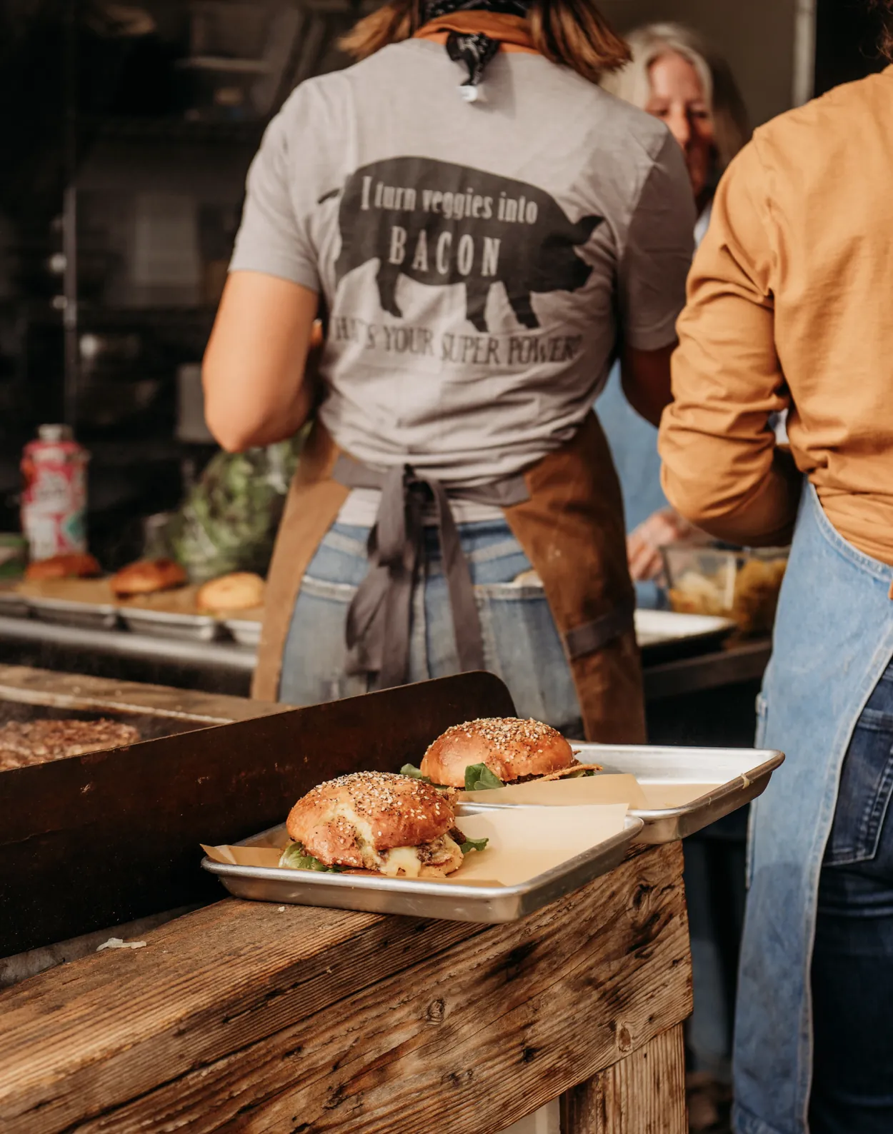 Preparing food in the farm kitchen at Red Acre Farm.