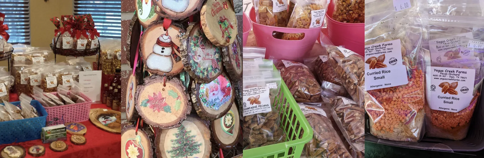 Packaged foods and other products displayed by Yegua Creek Farms.